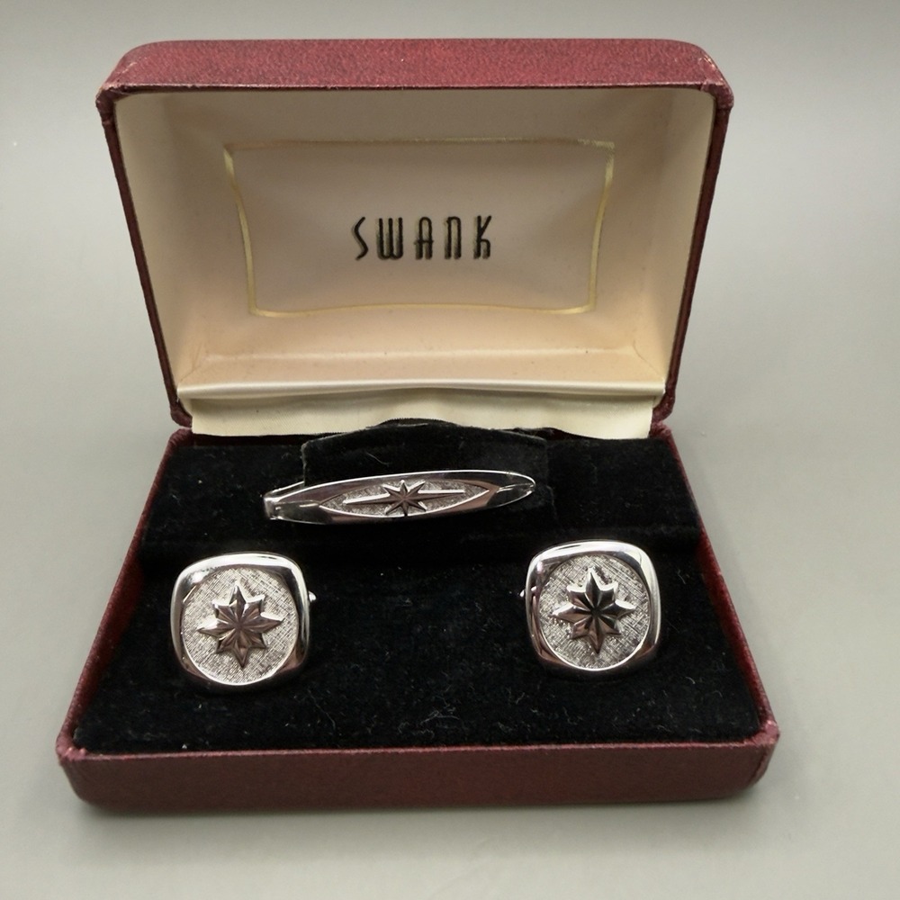 Swank Cufflinks Tie Clip Set Silver Tone Starburst Textured Mens Jewelry Boxed